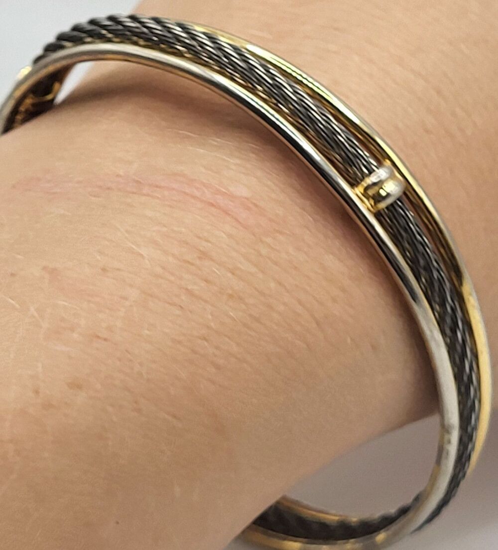 Thin Cable Bangle Bracelet Two Tone Silver Gold Steel Unisex Wire 2.5in dia